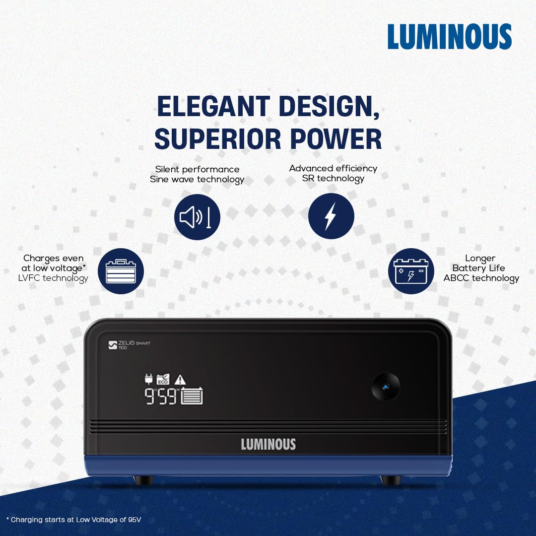 Luminous Inverter & Battery Combo with Trolley for Home, Shop & Office – Zelio+ 1100 (900VA/12V) Sine Wave Inverter + RC25000 200Ah Tall Tubular Battery | 36M Warranty on Inverter & Battery