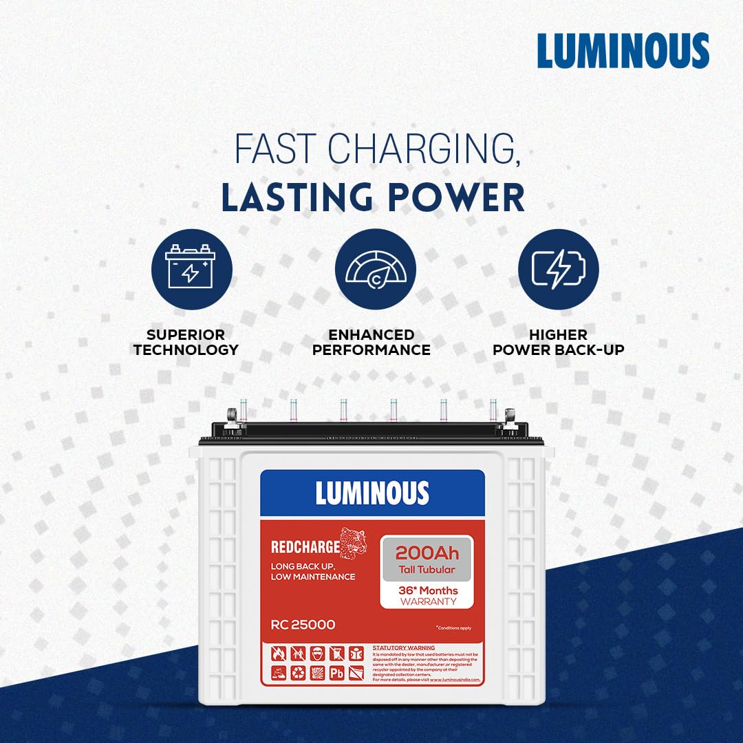 Luminous Inverter & Battery Combo with Trolley for Home, Shop & Office – Zelio+ 1100 (900VA/12V) Sine Wave Inverter + RC25000 200Ah Tall Tubular Battery | 36M Warranty on Inverter & Battery