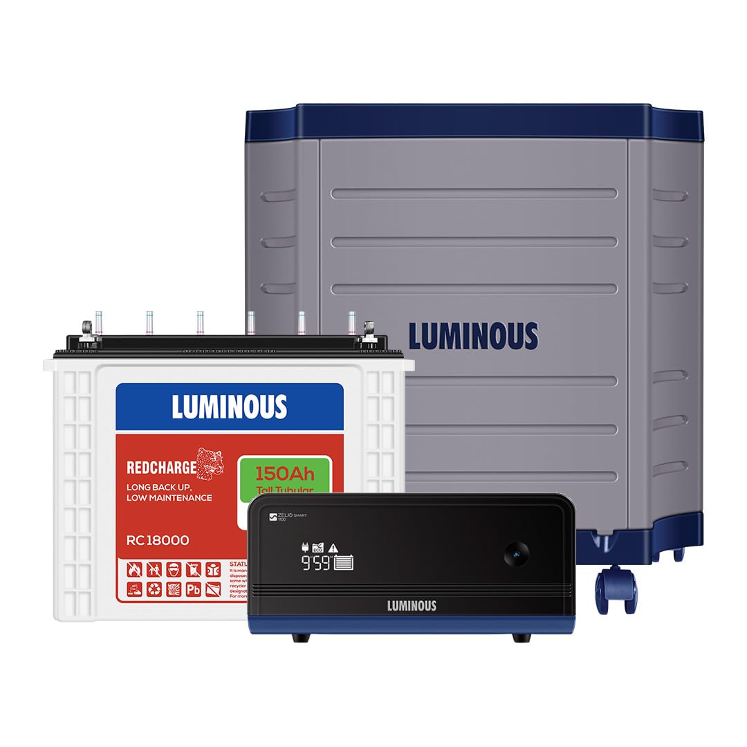 Luminous Inverter & Battery Combo with Trolley for Home, Shop & Office – Zelio+ 1100 (900VA/12V) Pure Sine Wave Inverter + RC18000 150Ah Tall Tubular Battery | 36M Warranty on Inverter & Battery