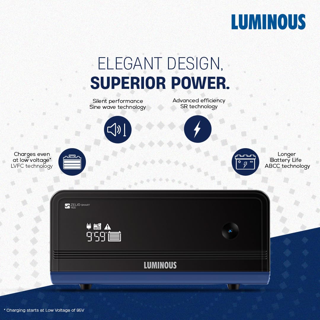 Luminous Inverter & Battery Combo with Trolley for Home, Shop & Office – Zelio+ 1100 (900VA/12V) Pure Sine Wave Inverter + RC18000 150Ah Tall Tubular Battery | 36M Warranty on Inverter & Battery