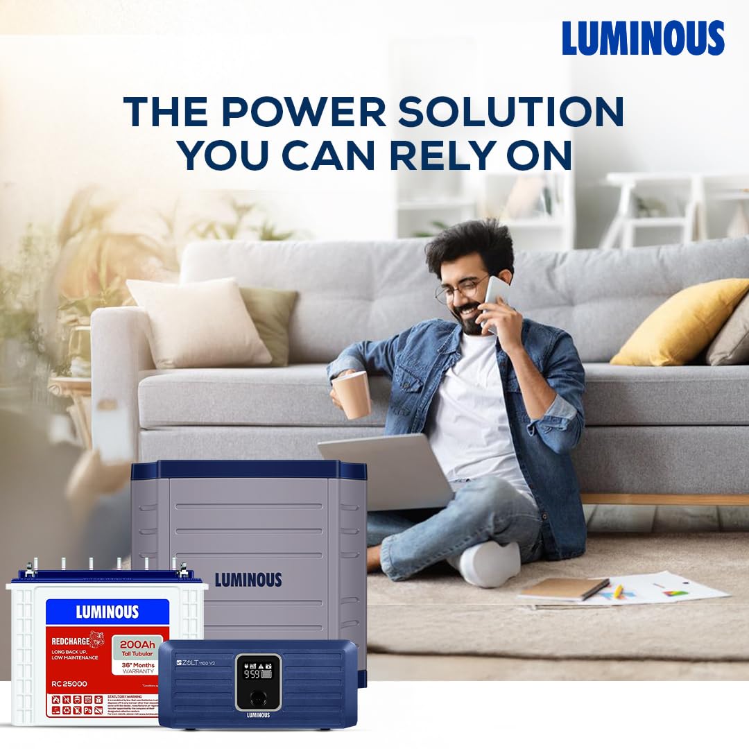 Luminous Inverter & Battery Combo for Home, Shop & Office – Zolt 1100 (900VA/12V) Pure Sine Wave Inverter + RC25000 200Ah Tall Tubular Battery | 36M Warranty on Inverter & Battery