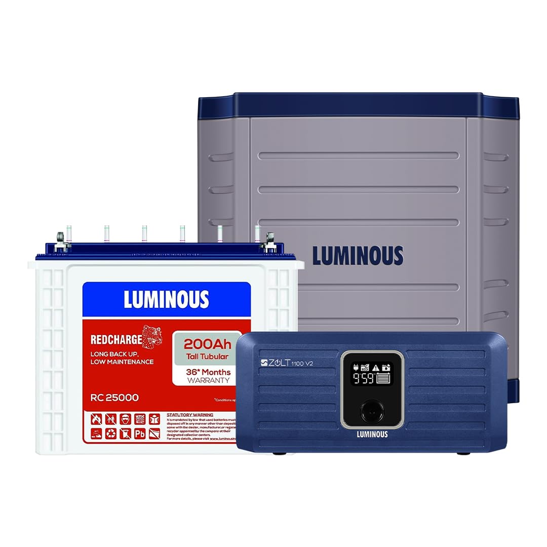 Luminous Inverter & Battery Combo for Home, Shop & Office – Zolt 1100 (900VA/12V) Pure Sine Wave Inverter + RC25000 200Ah Tall Tubular Battery | 36M Warranty on Inverter & Battery
