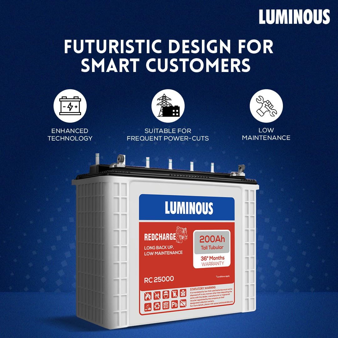 Luminous Red Charge RC 25000 Tall Tubular Inverter Battery for Home, Office & Shops | 200 Ah High-Performance, Durable & Low Maintenance Battery | Easy Installation | 36 Months Warranty