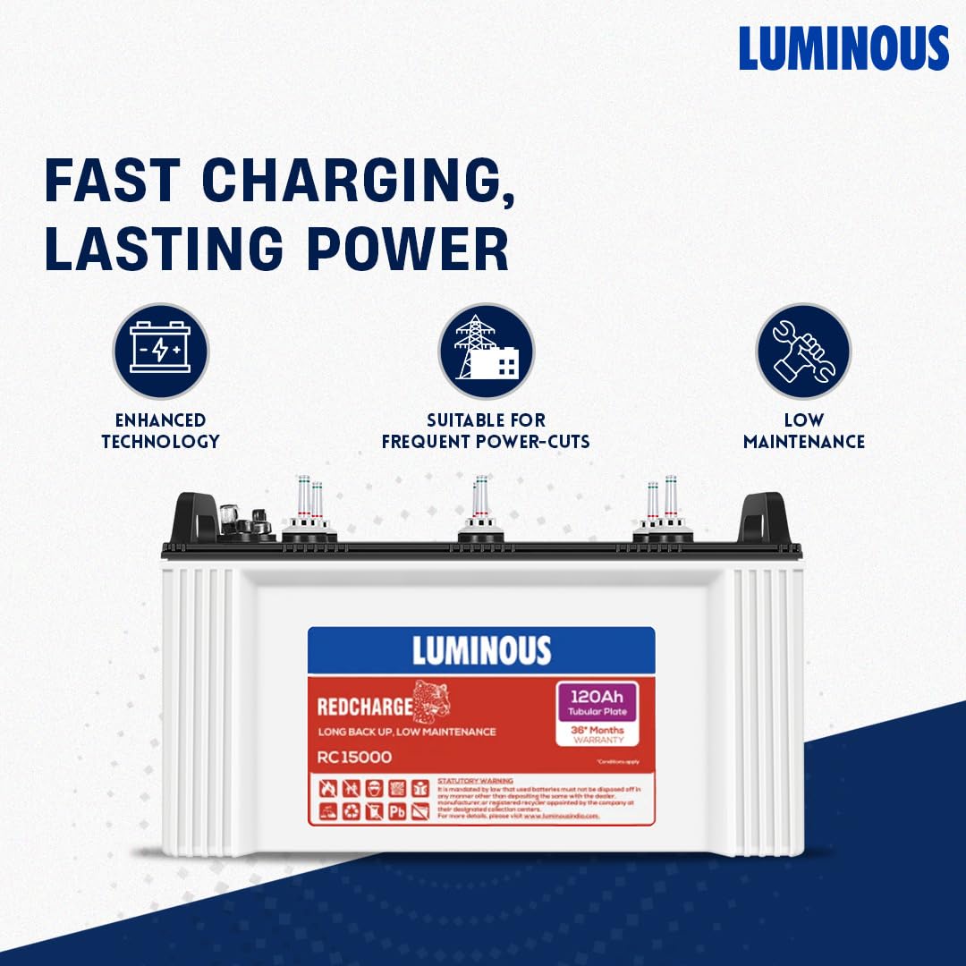 Luminous Inverter & Battery Combo (Eco Watt Neo 700 Square Wave 600VA/12V Inverter with Red Charge RC 15000ST Short Tubular 120Ah Battery) for Home, Office & Shops