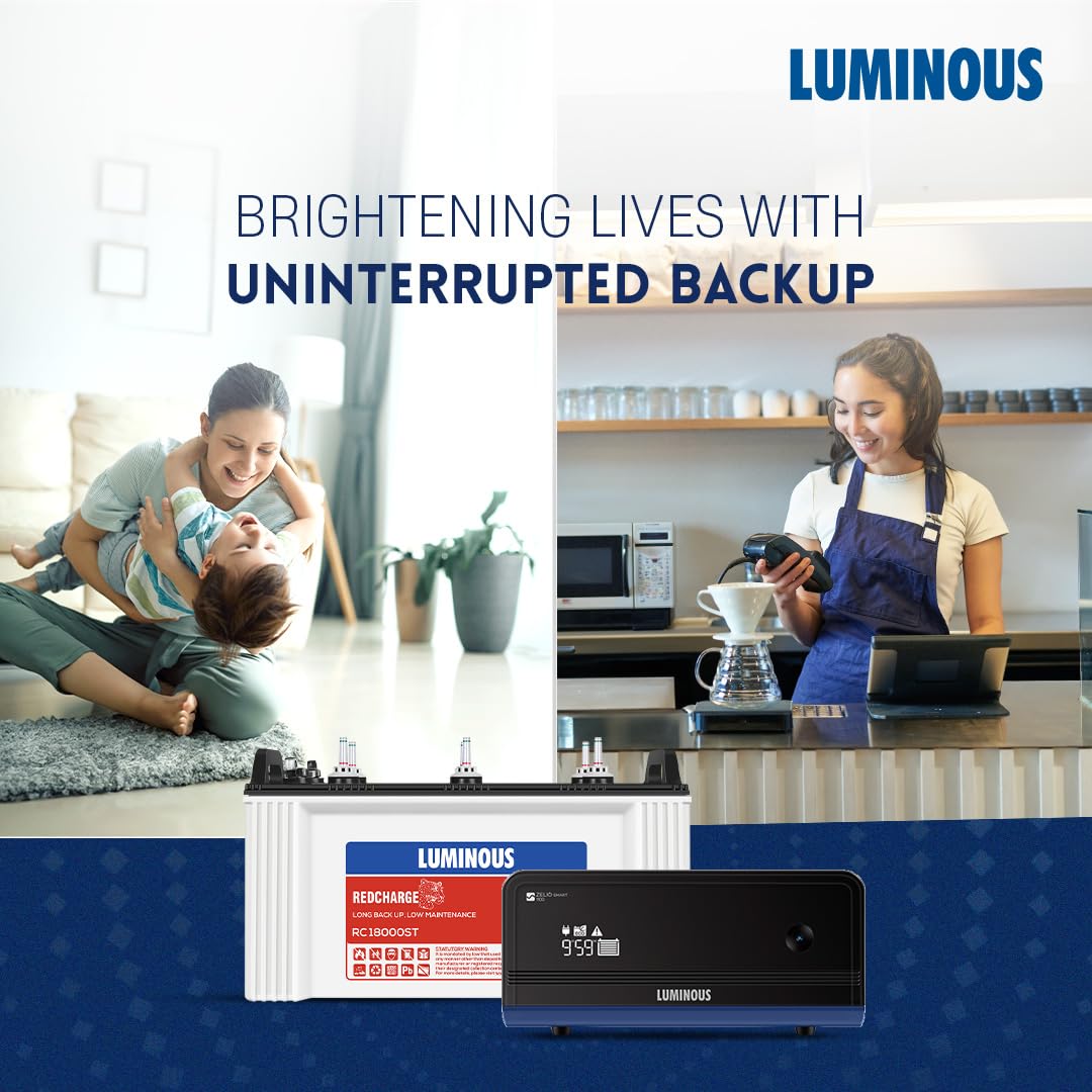 Luminous Inverter & Battery Combo for Home, Shop & Office – Zelio+ 1100 (900VA/12V) Pure Sine Wave Inverter + RC18000ST 150Ah Short Tubular Battery | 36M Warranty on Inverter & Battery