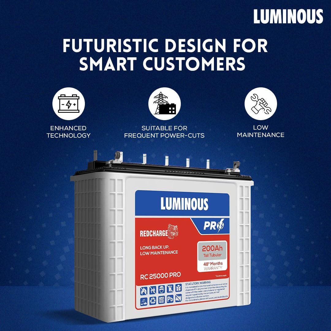 Luminous Red Charge RC 25000 PRO Tall Tubular Inverter Battery for Home, Office & Shops | 200Ah/12V High-Performance, Durable & Low Maintenance Battery | Easy Installation | 48 Months Warranty