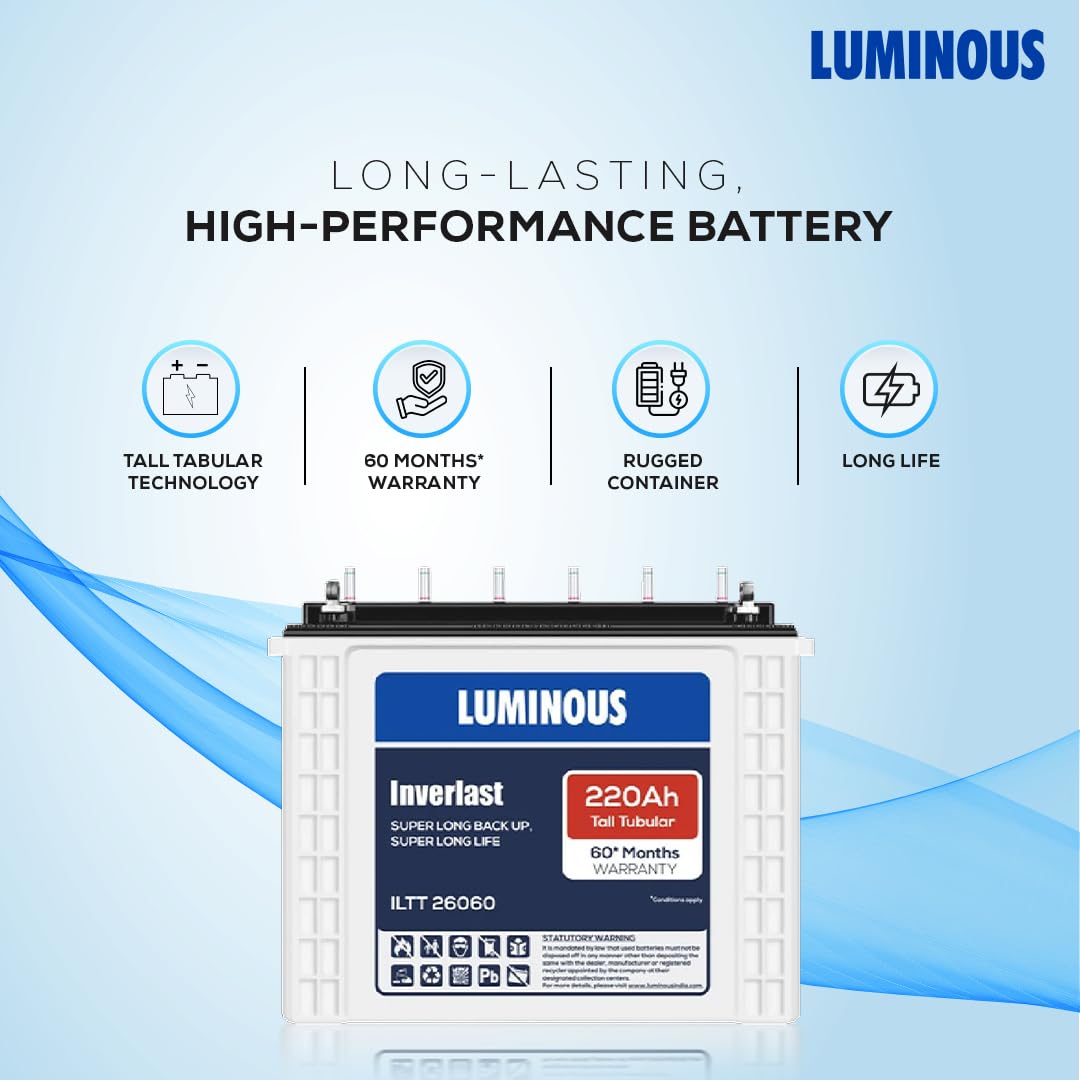 Luminous Inverlast ILTT26060 Tall Tubular Inverter Battery for Home, Office & Shops | 220Ah High-Performance, Durable & Low Maintenance Battery | Easy Installation | 60 Months Warranty