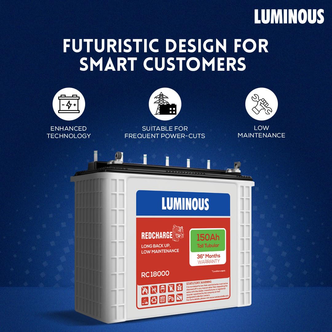 Luminous Red Charge RC 18000 Tall Tubular Inverter Battery for Home, Office & Shops | 150Ah/12V High-Performance, Durable & Low Maintenance Battery | Easy Installation | 36 Months Warranty
