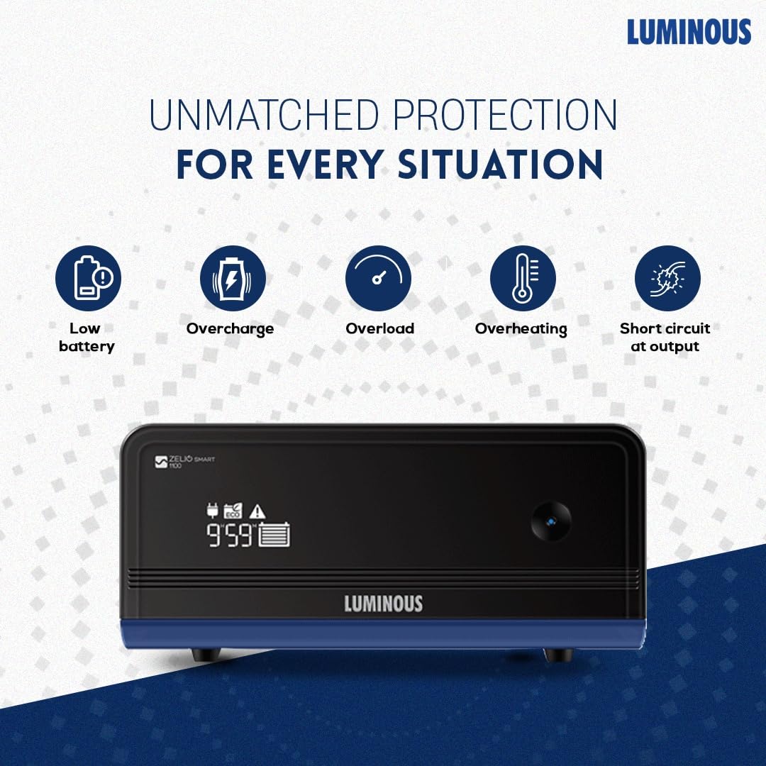 Luminous Inverter & Battery Combo for Home, Shop & Office – Zelio+ 1100 (900VA/12V) Pure Sine Wave Inverter + RC25000 200Ah Tall Tubular Battery | 36M Warranty on Inverter & Battery