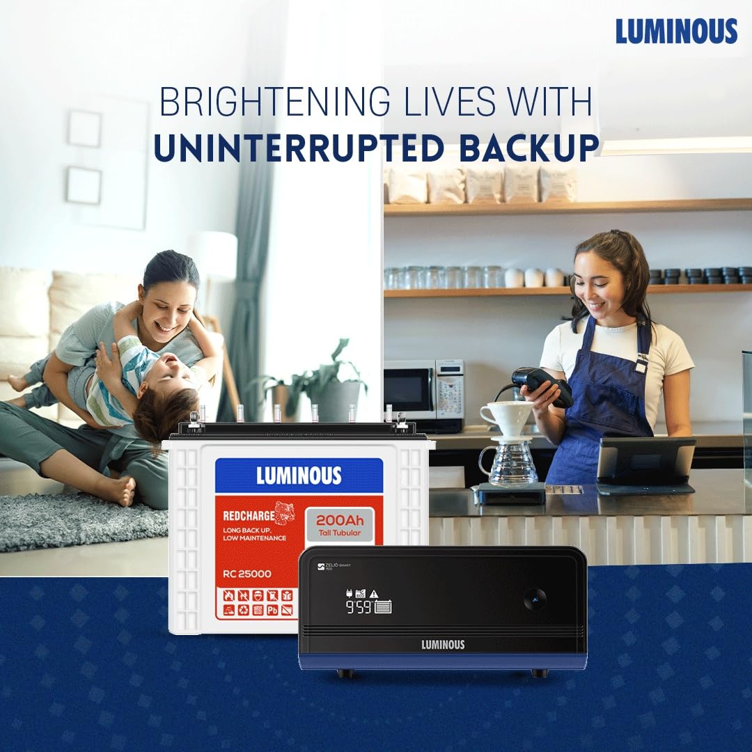Luminous Inverter & Battery Combo for Home, Shop & Office – Zelio+ 1100 (900VA/12V) Pure Sine Wave Inverter + RC25000 200Ah Tall Tubular Battery | 36M Warranty on Inverter & Battery