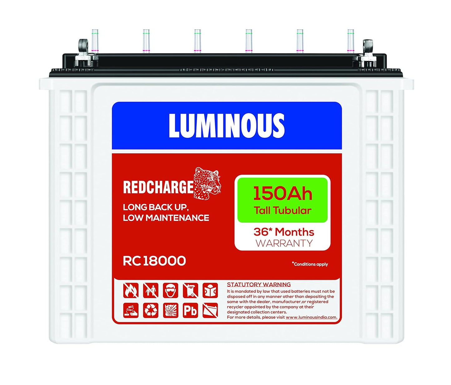 Luminous Inverter & Battery Combo for Home, Shop & Office – Optimus 2800 Pure Sine Wave 2500VA Inverter + 2X RC18000 150Ah Tall Tubular Batteries | 36M Warranty on Inverter & Battery