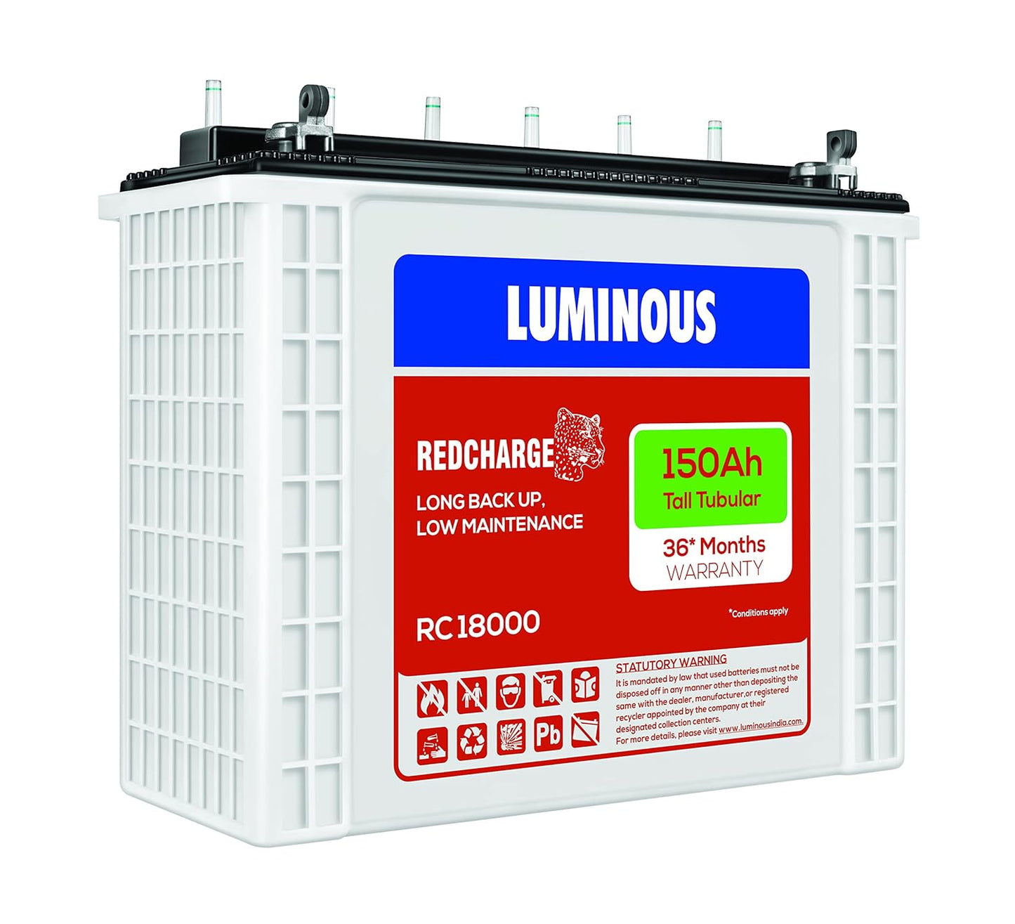 Luminous Inverter & Battery Combo for Home, Shop & Office – Optimus 2800 Pure Sine Wave 2500VA Inverter + 2X RC18000 150Ah Tall Tubular Batteries | 36M Warranty on Inverter & Battery