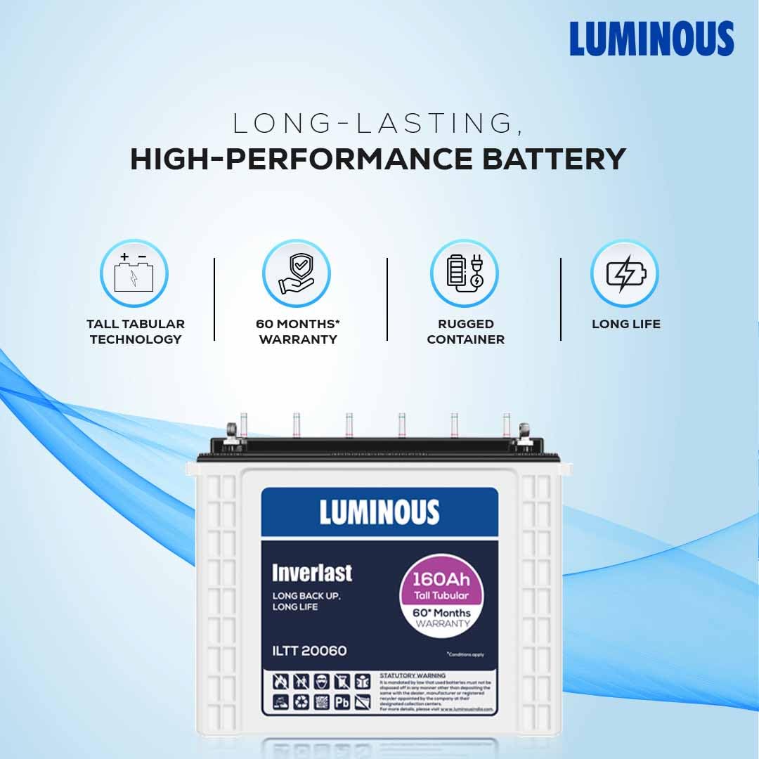 Luminous Inverlast ILTT20060 Tall Tubular Inverter Battery for Home, Office & Shops | 160Ah High-Performance, Durable & Low Maintenance Battery | Easy Installation | 60 Months Warranty