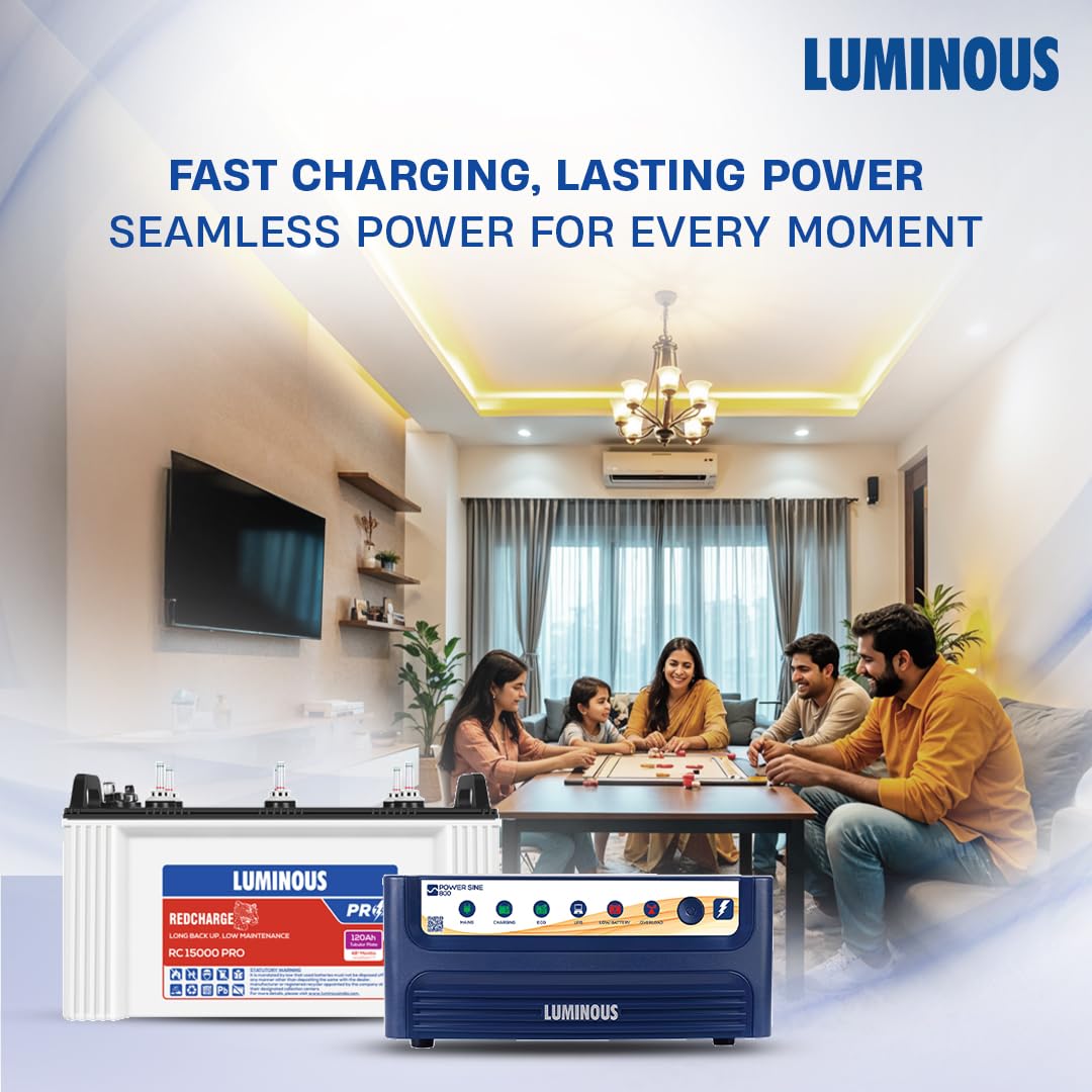 Luminous Inverter & Battery Combo (Power sine 800 Pure Sine Wave 700VA/12V Inverter with RC15000 PRO 120Ah Battery) for Home, Office & Shops