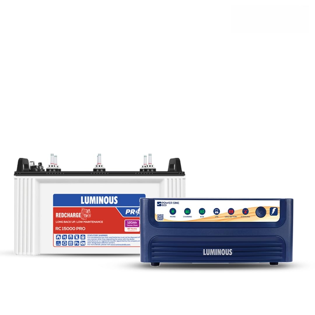 Luminous Inverter & Battery Combo (Power sine 800 Pure Sine Wave 700VA/12V Inverter with RC15000 PRO 120Ah Battery) for Home, Office & Shops