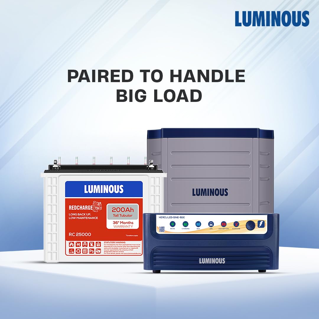 Luminous Inverter & Battery Combo with Trolley for Home, Shop & Office – Hercules 1500 (1400VA/12V) Square Wave Inverter + RC25000 200Ah Tall Tubular Battery | 36M Warranty on Inverter & Battery