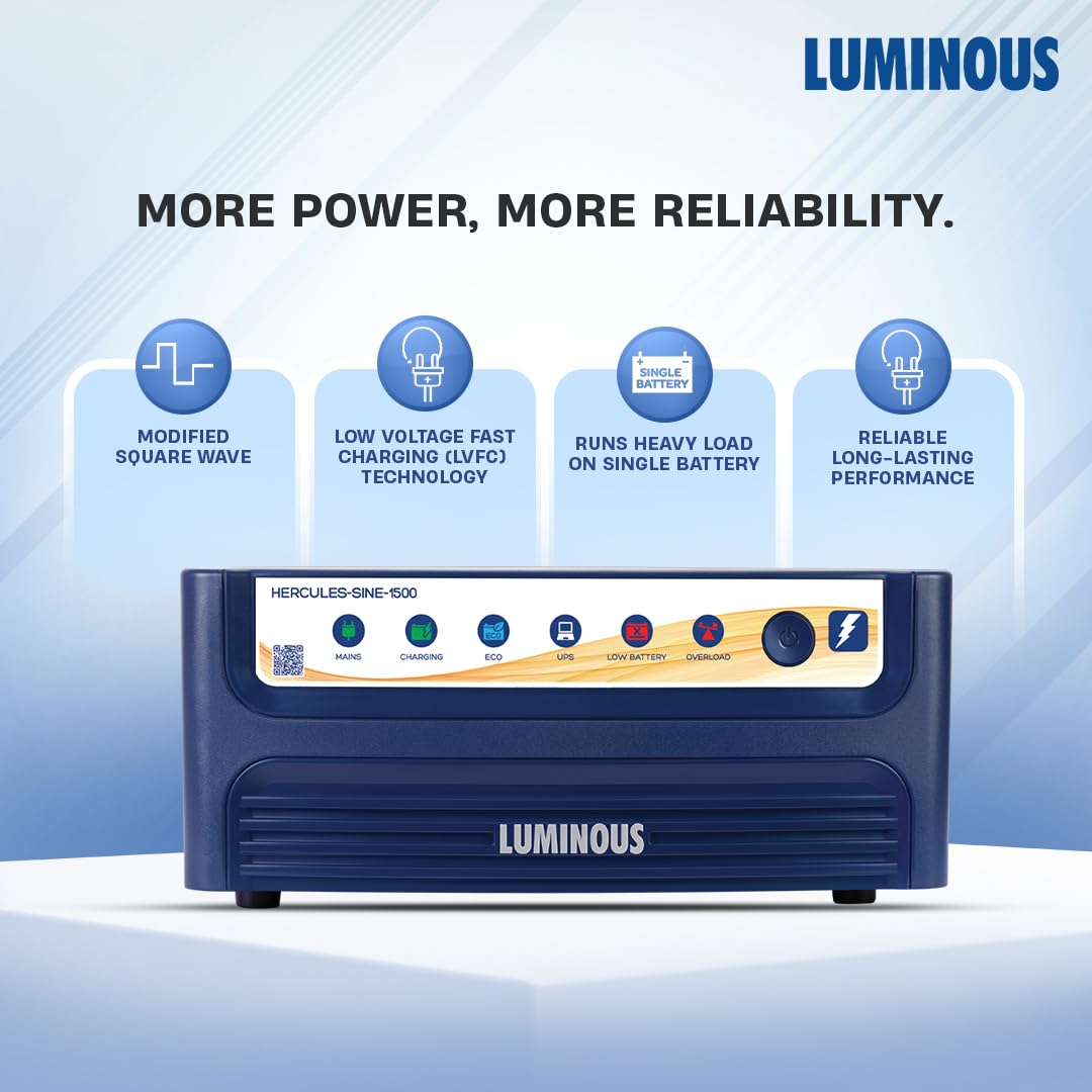 Luminous Inverter & Battery Combo with Trolley for Home, Shop & Office – Hercules 1500 (1400VA/12V) Square Wave Inverter + RC25000 200Ah Tall Tubular Battery | 36M Warranty on Inverter & Battery