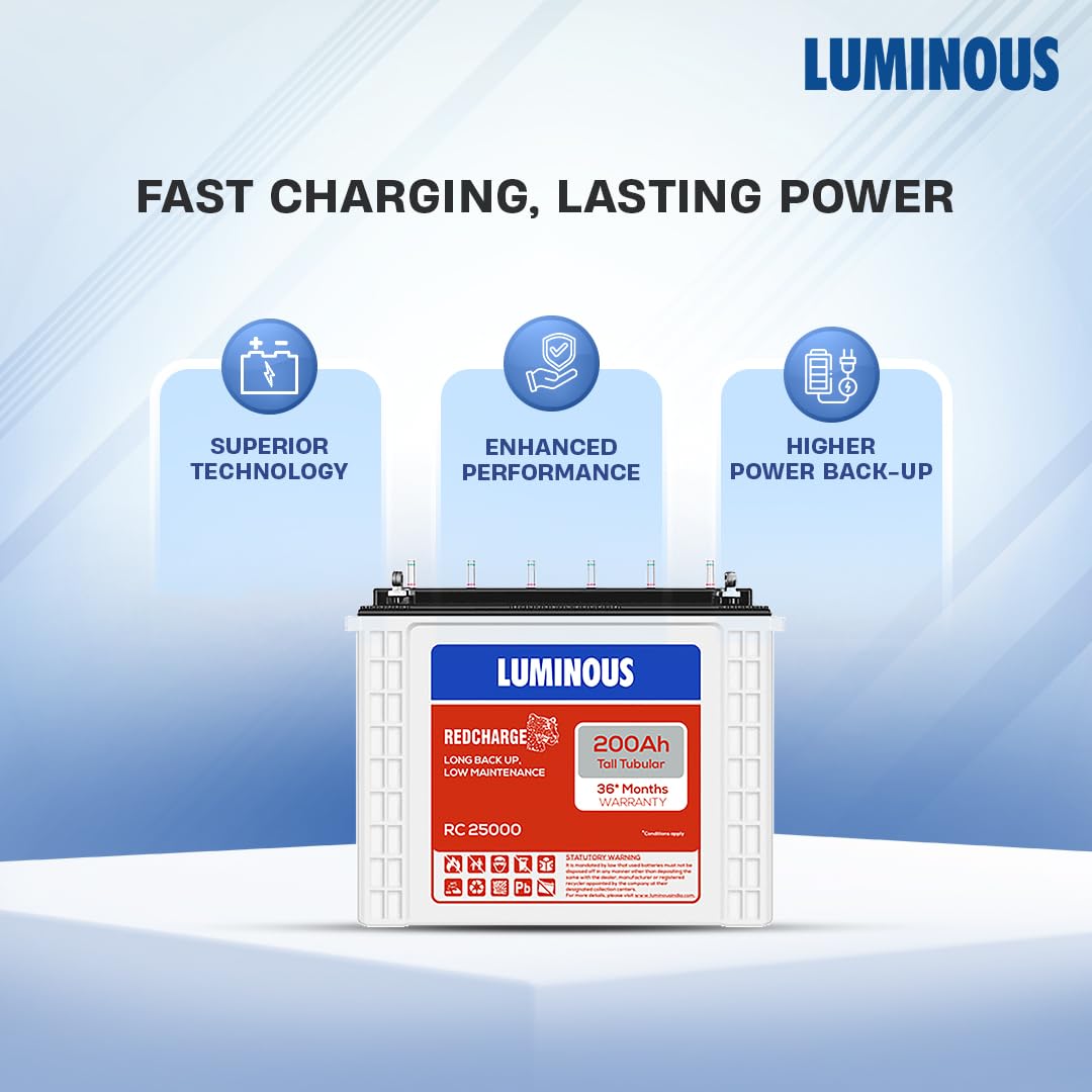 Luminous Inverter & Battery Combo with Trolley for Home, Shop & Office – Hercules 1500 (1400VA/12V) Square Wave Inverter + RC25000 200Ah Tall Tubular Battery | 36M Warranty on Inverter & Battery