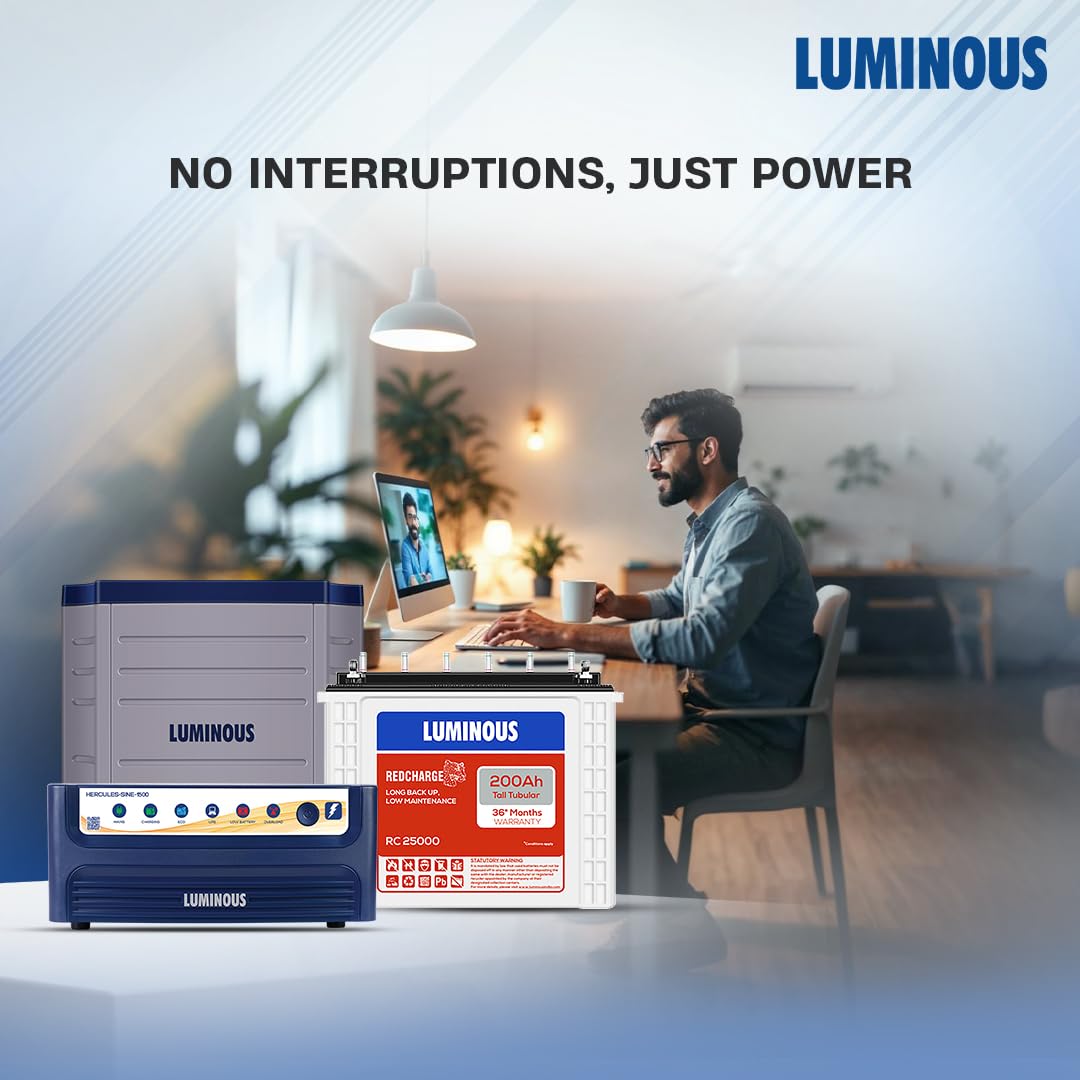 Luminous Inverter & Battery Combo with Trolley for Home, Shop & Office – Hercules 1500 (1400VA/12V) Square Wave Inverter + RC25000 200Ah Tall Tubular Battery | 36M Warranty on Inverter & Battery
