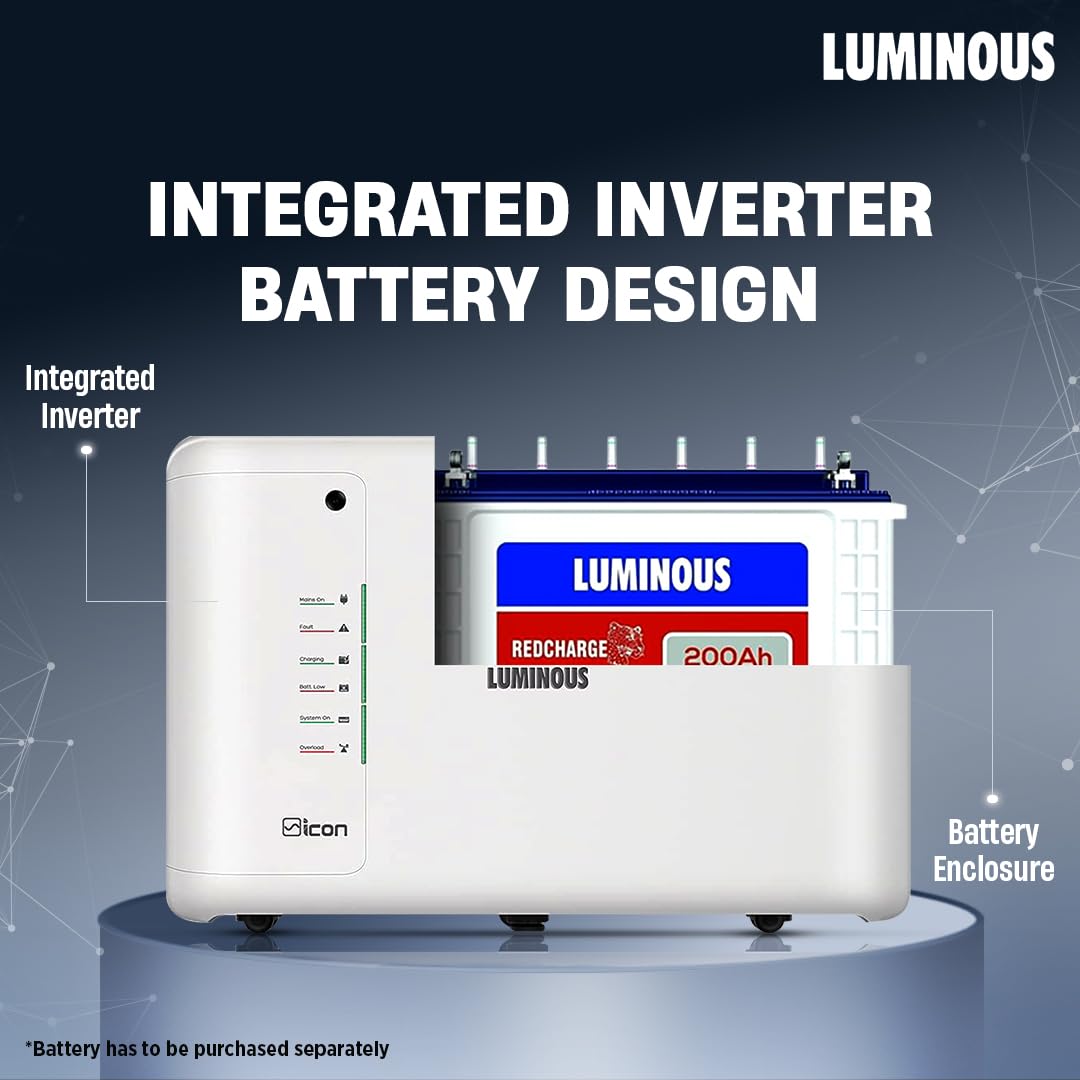 Luminous Inverter & Battery Combo for Home, Shop & Office – iCon 1100 (900VA/12V) Pure Sine Wave Inverter + RC25000 200Ah Tall Tubular Battery | 36M Warranty on Inverter & Battery