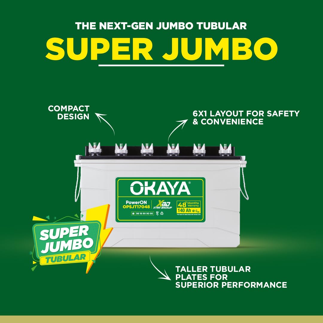 OKAYA PowerON OPSJT17048 140Ah Super Jumbo Tubular Advanced Battery for Home, Office & Shops | Robust & Compact Design | Extra Backup (XBD Technology) | 48 Months Total Warranty
