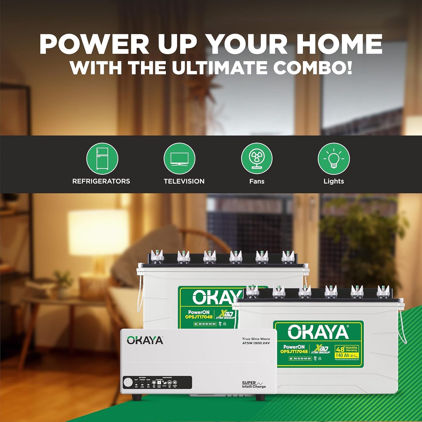 Okaya Inverter with Two Battery Combo for Home,Office & Shops|ATSW 1900 24V Pure Sine Wave Inverter 1650VA with OPSJT17048 140Ah Inverter Battery |Warranty: 36 Months(Inverter) & 48 Month(Battery)