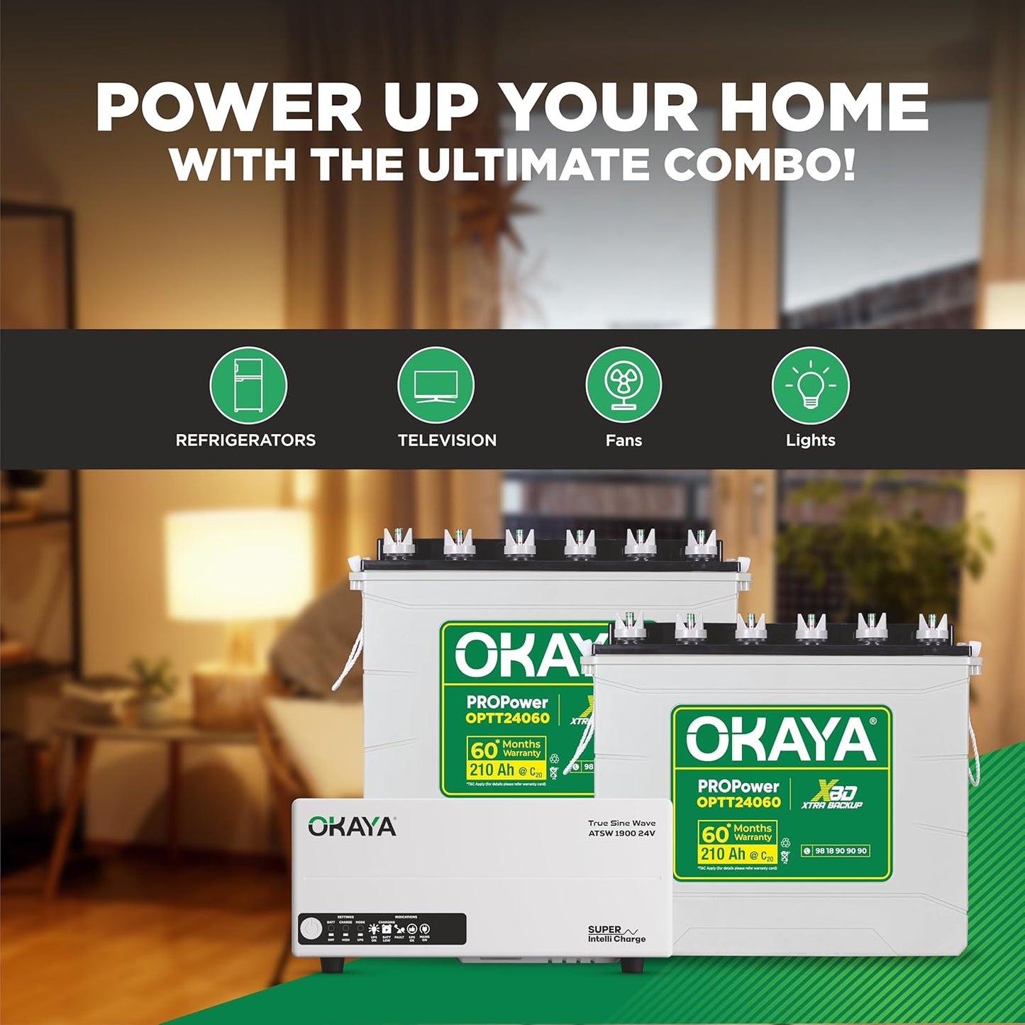 Okaya Inverter with Two Battery Combo for Home,Office & Shops|ATSW 1900 24V Pure Sine Wave Inverter 1650VA with OPTT24060 210Ah Inverter Battery |Warranty: 36 Months(Inverter) & 60 Month(Battery)