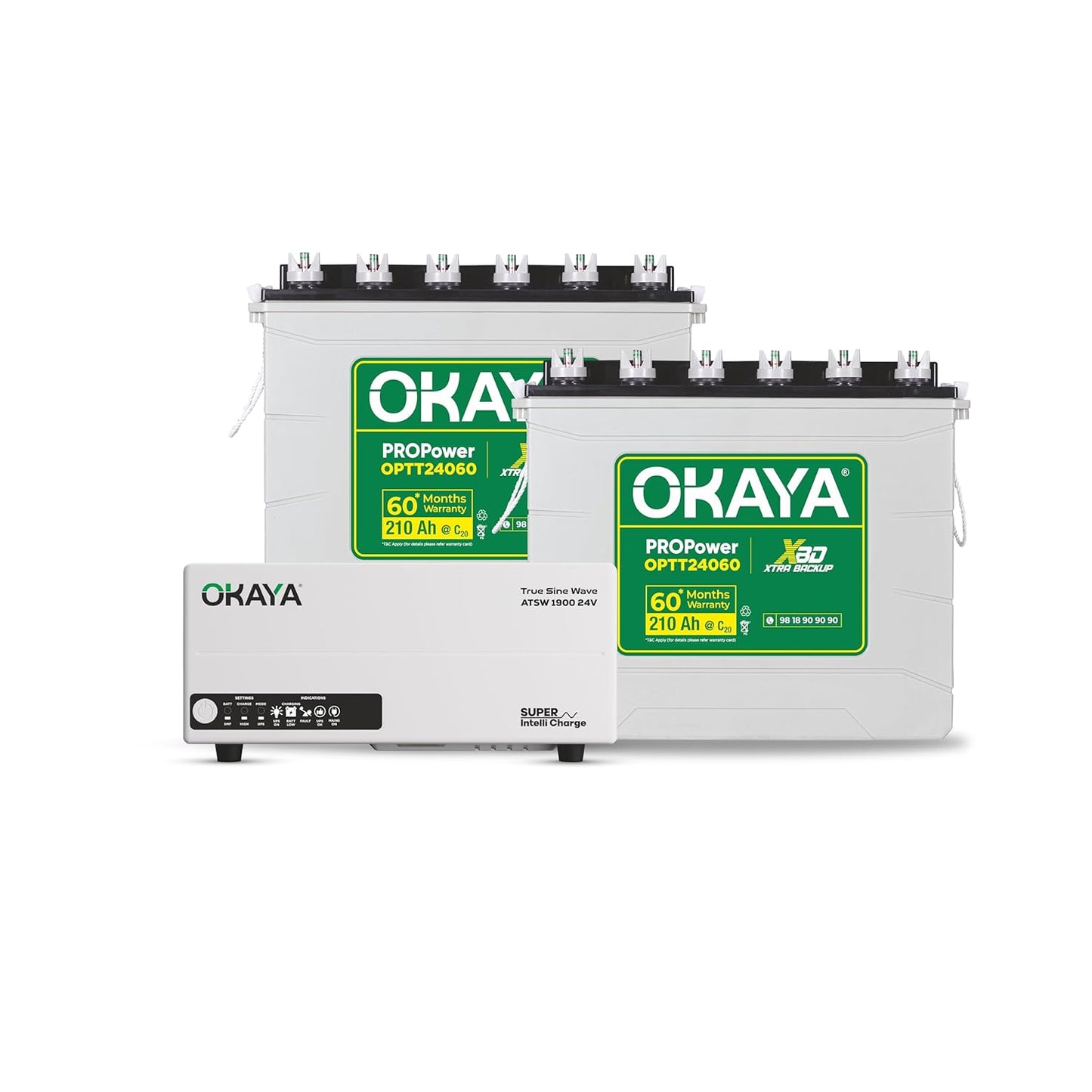 Okaya Inverter with Two Battery Combo for Home,Office & Shops|ATSW 1900 24V Pure Sine Wave Inverter 1650VA with OPTT24060 210Ah Inverter Battery |Warranty: 36 Months(Inverter) & 60 Month(Battery)