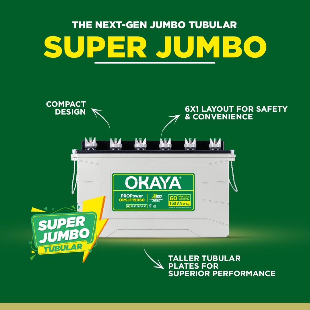 OKAYA PowerON OPSJT19060 160Ah Super Jumbo Tubular Advanced Battery for Home, Office & Shops | Robust & Compact Design | Extra Backup (XBD Technology) | 60 Months Total Warranty