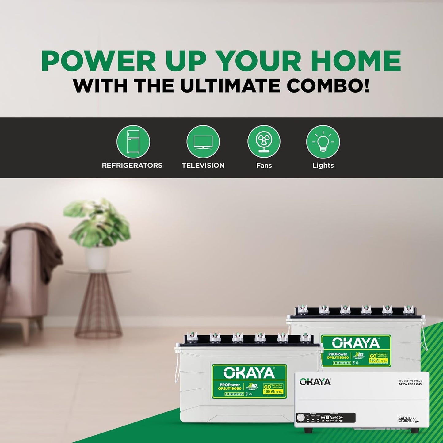 Okaya Inverter with Two Battery Combo for Home,Office & Shops|ATSW1900 24V True Sine Wave Inverter 1650VA with OPSJT19060 160Ah Inverter Battery |Warranty: 36 Months(Inverter) & 60 Month(Battery)