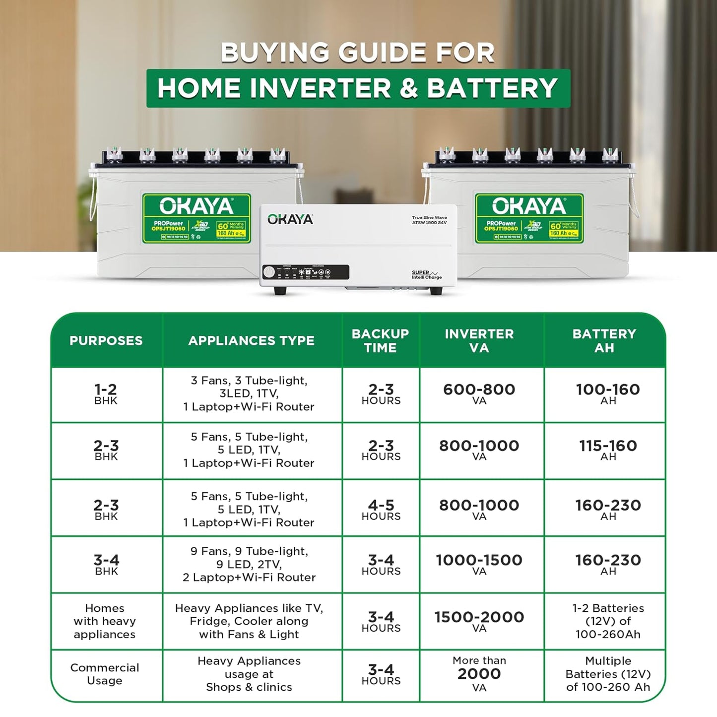 Okaya Inverter with Two Battery Combo for Home,Office & Shops|ATSW1900 24V True Sine Wave Inverter 1650VA with OPSJT19060 160Ah Inverter Battery |Warranty: 36 Months(Inverter) & 60 Month(Battery)