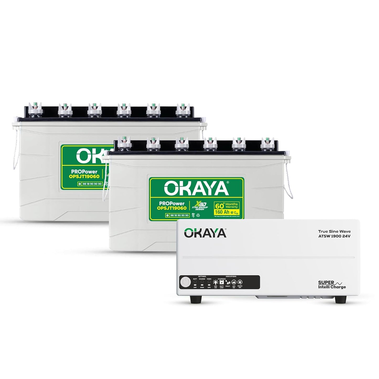 Okaya Inverter with Two Battery Combo for Home,Office & Shops|ATSW1900 24V True Sine Wave Inverter 1650VA with OPSJT19060 160Ah Inverter Battery |Warranty: 36 Months(Inverter) & 60 Month(Battery)