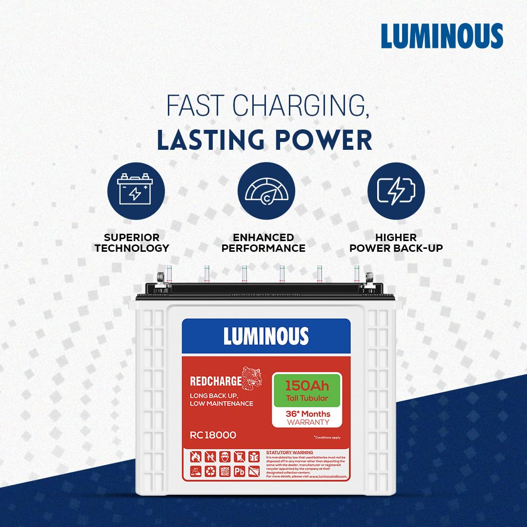 Luminous Inverter & Battery Combo with Trolley for Home, Shop & Office – Zelio+ 1100 (900VA/12V) Pure Sine Wave Inverter + RC18000 150Ah Tall Tubular Battery | 36M Warranty on Inverter & Battery