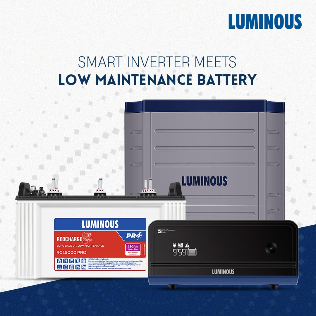 Luminous Inverter & Battery Combo with Trolley (Zelio+ 1100 Pure Sine Wave 900VA/12V Inverter, Red Charge RC 15000 PRO Short Tubular 120Ah Battery with Trolley) for Home, Office & Shops