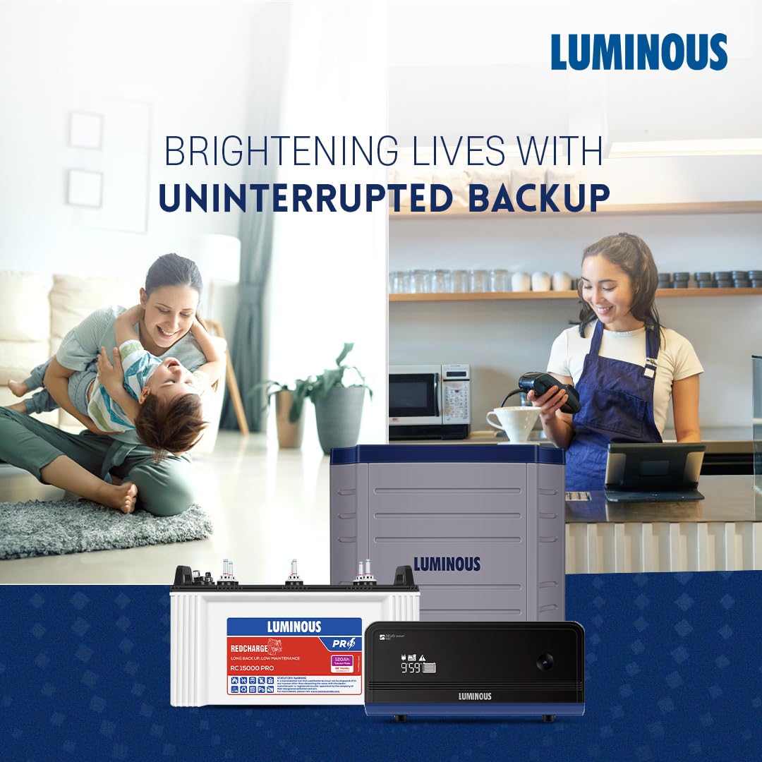 Luminous Inverter & Battery Combo with Trolley (Zelio+ 1100 Pure Sine Wave 900VA/12V Inverter, Red Charge RC 15000 PRO Short Tubular 120Ah Battery with Trolley) for Home, Office & Shops