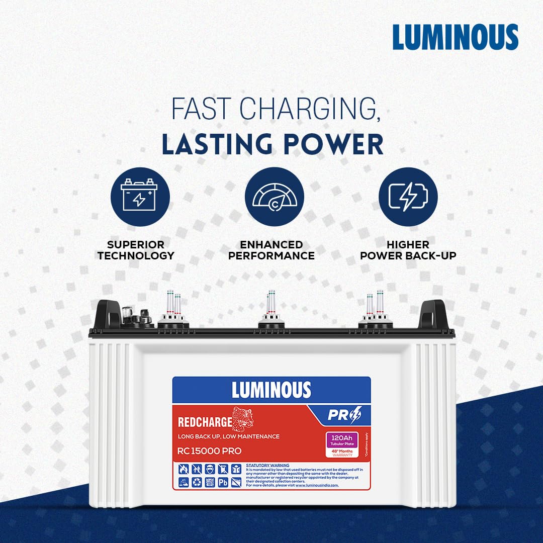 Luminous Inverter & Battery Combo with Trolley (Zelio+ 1100 Pure Sine Wave 900VA/12V Inverter, Red Charge RC 15000 PRO Short Tubular 120Ah Battery with Trolley) for Home, Office & Shops