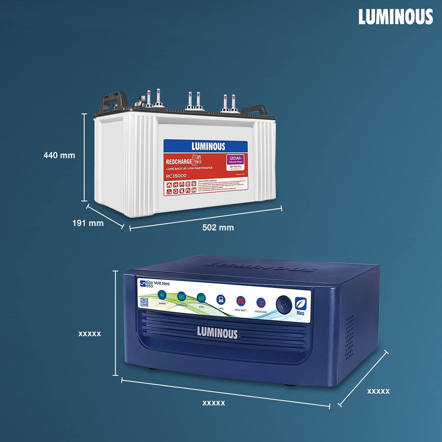 Luminous Eco Volt Neo 850 Pure Sine Wave 700VA/12V Inverter with Red Charge RC 15000PRO 120Ah Battery Combo | Ideal for Home, Office & Shops | 36M Inverter & 48M Battery Warranty