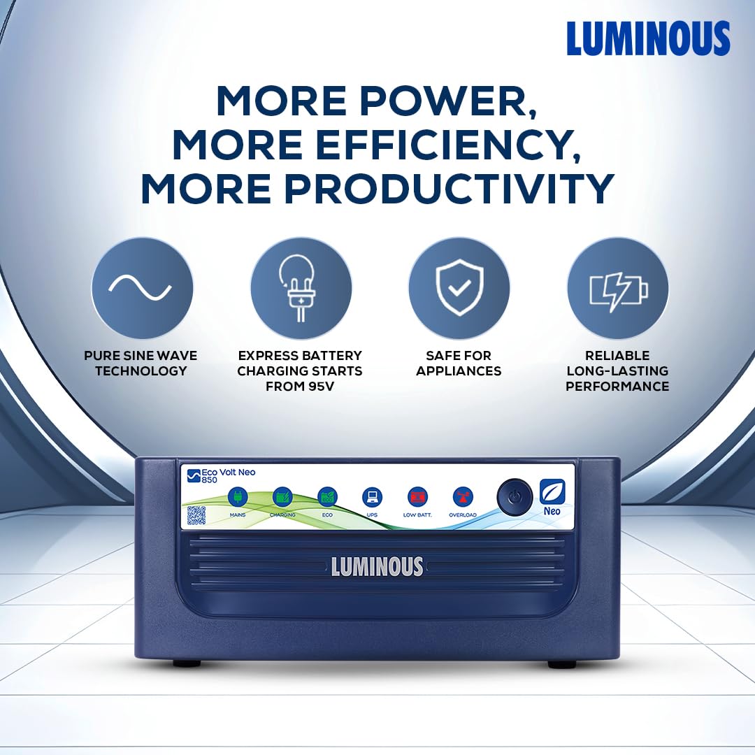 Luminous Eco Volt Neo 850 Pure Sine Wave 700VA/12V Inverter with Red Charge RC 15000PRO 120Ah Battery Combo | Ideal for Home, Office & Shops | 36M Inverter & 48M Battery Warranty