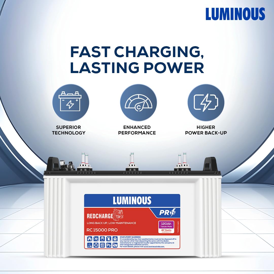 Luminous Eco Volt Neo 850 Pure Sine Wave 700VA/12V Inverter with Red Charge RC 15000PRO 120Ah Battery Combo | Ideal for Home, Office & Shops | 36M Inverter & 48M Battery Warranty