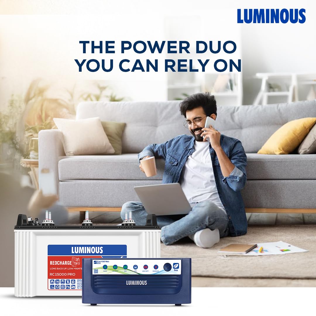 Luminous Eco Volt Neo 850 Pure Sine Wave 700VA/12V Inverter with Red Charge RC 15000PRO 120Ah Battery Combo | Ideal for Home, Office & Shops | 36M Inverter & 48M Battery Warranty