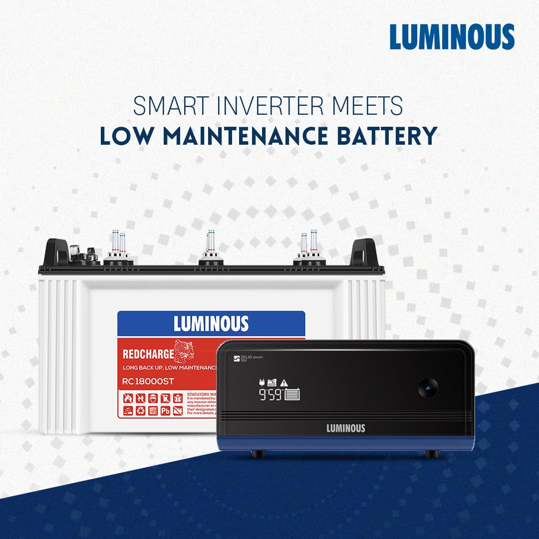 Luminous Inverter & Battery Combo for Home, Shop & Office – Zelio+ 1100 (900VA/12V) Pure Sine Wave Inverter + RC18000ST 150Ah Short Tubular Battery | 36M Warranty on Inverter & Battery