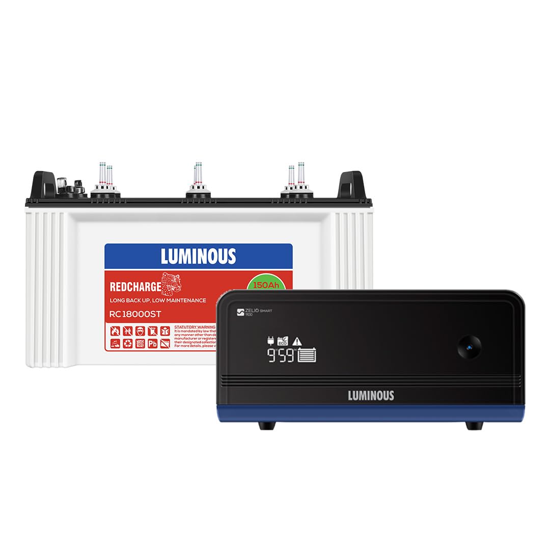 Luminous Inverter & Battery Combo for Home, Shop & Office – Zelio+ 1100 (900VA/12V) Pure Sine Wave Inverter + RC18000ST 150Ah Short Tubular Battery | 36M Warranty on Inverter & Battery