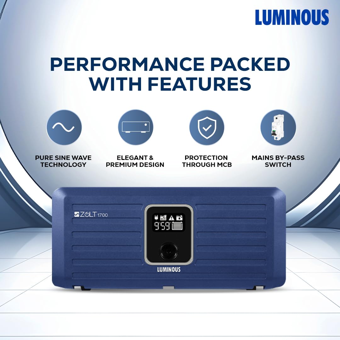 Luminous Inverter & Battery Combo for Home, Shop & Office – Zolt 1100 (900VA/12V) Pure Sine Wave Inverter + RC25000 200Ah Tall Tubular Battery | 36M Warranty on Inverter & Battery