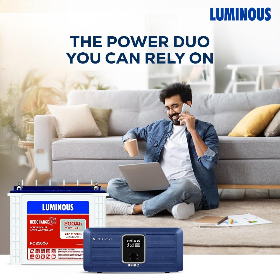 Luminous Inverter & Battery Combo for Home, Shop & Office – Zolt 1100 (900VA/12V) Pure Sine Wave Inverter + RC25000 200Ah Tall Tubular Battery | 36M Warranty on Inverter & Battery