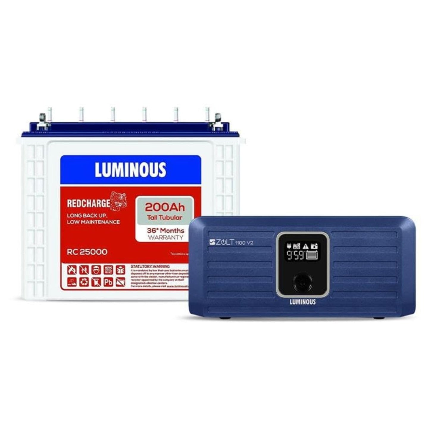 Luminous Inverter & Battery Combo for Home, Shop & Office – Zolt 1100 (900VA/12V) Pure Sine Wave Inverter + RC25000 200Ah Tall Tubular Battery | 36M Warranty on Inverter & Battery