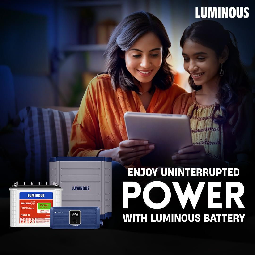 Luminous Inverter & Battery Combo with Trolley for Home, Shop & Office – Zolt 1100 (900VA/12V) Pure Sine Wave Inverter + RC18000 150Ah Tall Tubular Battery | 36M Warranty on Inverter & Battery