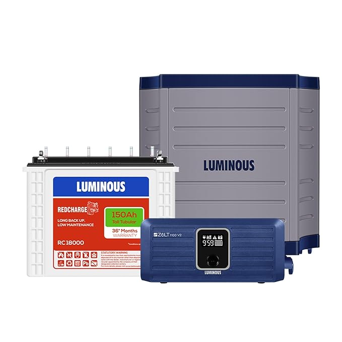 Luminous Inverter & Battery Combo with Trolley for Home, Shop & Office – Zolt 1100 (900VA/12V) Pure Sine Wave Inverter + RC18000 150Ah Tall Tubular Battery | 36M Warranty on Inverter & Battery