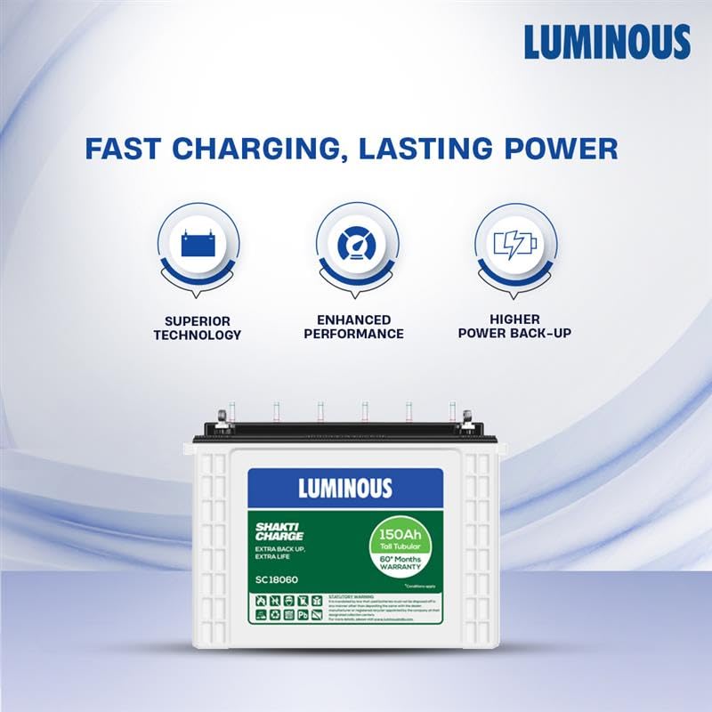 Luminous Inverter & Battery Combo with Trolley (Power Sine 1100 Pure Sine Wave 900VA/12V Inverter, Shakti Charge SC 18060 Tall Tubular 150Ah Battery with Trolley) for Home, Office and Shops