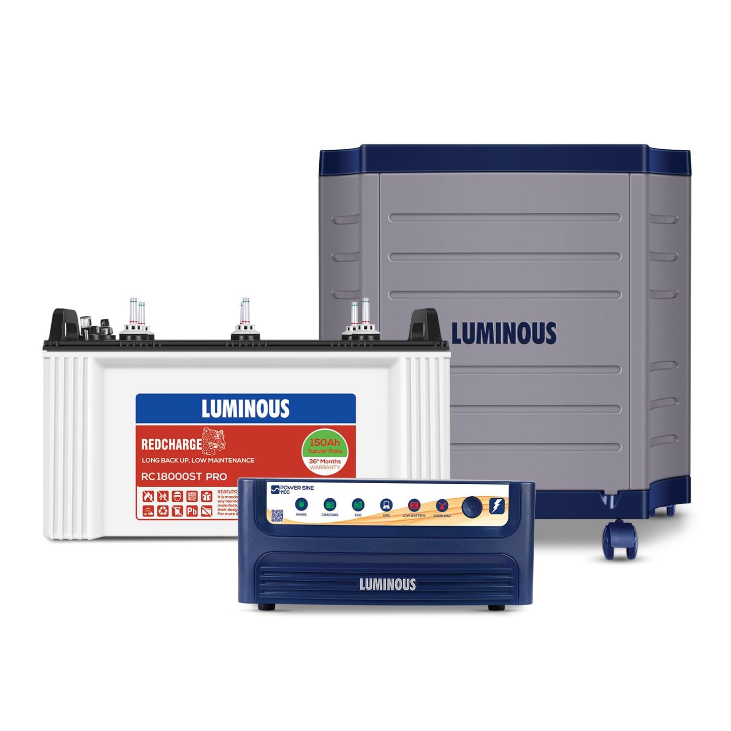 Luminous Inverter & Battery Combo for Home, Office & Shops | Power Sine 1100 Pure Sine Wave Inverter 900VA/12V + RC18000ST PRO 150Ah Short Tubular Battery with Trolley