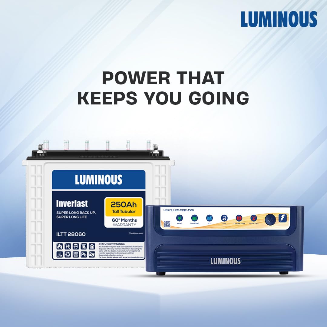 Luminous Hercules 1500 Pure Sine Wave 1400VA/12V Inverter + ILTT28060 250Ah Tall Tubular Battery Combo for Home, Office & Shops